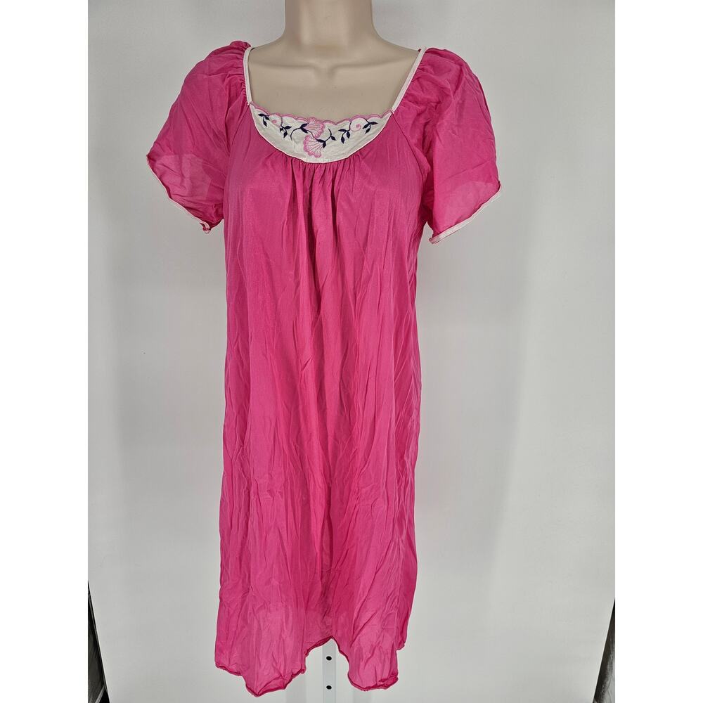 Vintage 1980s Milco Womens Sz L Nylon Midi Length Nightgown Pink Floral Top